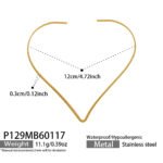 Model wearing gold plated minimalist rigid wire torque collar choker necklace in stainless steel