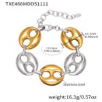 Stainless steel chunky coffee bean link chain necklace and matching bracelet set in gold, silver, and two-tone finishes.