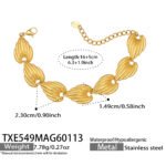 Textured ribbed seashell motif link necklace and bracelet set in two-tone gold and silver stainless steel finishes.