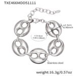 Stainless steel chunky coffee bean link chain necklace and matching bracelet set in gold, silver, and two-tone finishes.