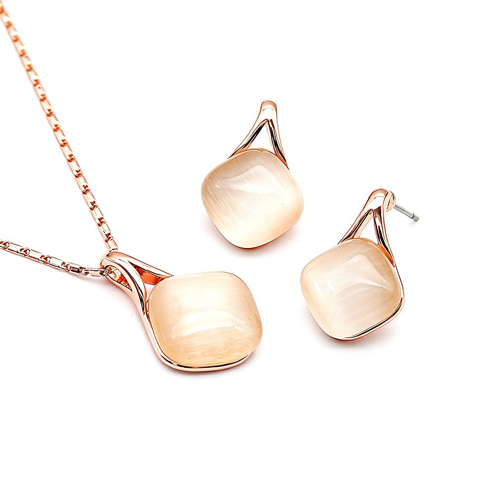 K2209002.74.A Wholesale teardrop opal jewelry set featuring rose gold plated zinc alloy and cat eye stone pendant with matching earrings from JuneJewelry.com.
