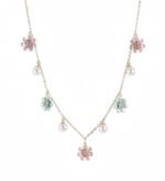 Niche floral charm pearl necklace earring set wholesale featuring alternating enamel flower charms and high-luster round pearl drops along a gold link chain with matching flower pearl drop earrings from junejewelry.com
