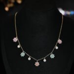 Niche floral charm pearl necklace earring set wholesale featuring alternating enamel flower charms and high-luster round pearl drops along a gold link chain with matching flower pearl drop earrings from junejewelry.com