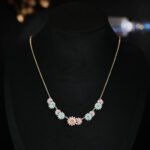 Niche daisy flower enamel necklace earring set wholesale featuring a crescent arrangement of multi-colored enamel daisy blossoms with pave zircon centers and matching daisy stud earrings from junejewelry.com