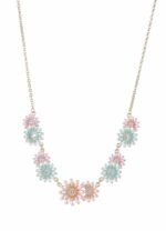 Niche daisy flower enamel necklace earring set wholesale featuring a crescent arrangement of multi-colored enamel daisy blossoms with pave zircon centers and matching daisy stud earrings from junejewelry.com