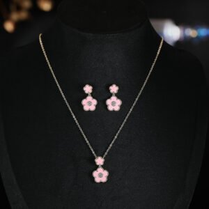 Niche multicolor flower enamel jewelry set wholesale featuring a double-tiered five-petal flower pendant with micro-beaded edges and brilliant round cubic zirconia centers, with matching drop stud earrings from junejewelry.com
