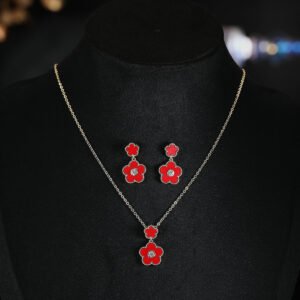 Niche multicolor flower enamel jewelry set wholesale featuring a double-tiered five-petal flower pendant with micro-beaded edges and brilliant round cubic zirconia centers, with matching drop stud earrings from junejewelry.com