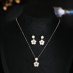 Niche multicolor flower enamel jewelry set wholesale featuring a double-tiered five-petal flower pendant with micro-beaded edges and brilliant round cubic zirconia centers, with matching drop stud earrings from junejewelry.com