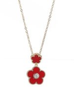 Niche multicolor flower enamel jewelry set wholesale featuring a double-tiered five-petal flower pendant with micro-beaded edges and brilliant round cubic zirconia centers, with matching drop stud earrings from junejewelry.com