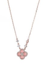 Niche four leaf clover pendant necklace wholesale featuring a four-petal clover motif framed with micro-pave cubic zirconia and round crystal stations along the chain from junejewelry.com