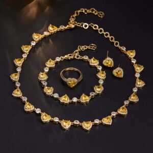 Heart zircon jewelry set wholesale 4-piece featuring heart-cut gemstone halo links on a necklace, matching tennis bracelet, solitaire halo ring, and stud earrings from junejewelry.com