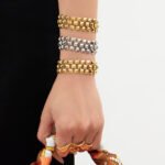 Three-row geometric pyramid stud choker necklace and matching bracelet set in 18K gold plated and silver 316L stainless steel finishes.
