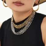 Three-row geometric pyramid stud choker necklace and matching bracelet set in 18K gold plated and silver 316L stainless steel finishes.