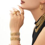 Three-row geometric pyramid stud choker necklace and matching bracelet set in 18K gold plated and silver 316L stainless steel finishes.