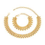 Three-row geometric pyramid stud choker necklace and matching bracelet set in 18K gold plated and silver 316L stainless steel finishes.