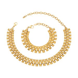 Three-row geometric pyramid stud choker necklace and matching bracelet set in 18K gold plated and silver 316L stainless steel finishes.