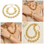 Chunky stainless steel necklace and bracelet jewelry set featuring smooth high-polish round flat disc beads in gold and silver finishes.
