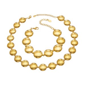 Chunky stainless steel necklace and bracelet jewelry set featuring smooth high-polish round flat disc beads in gold and silver finishes.