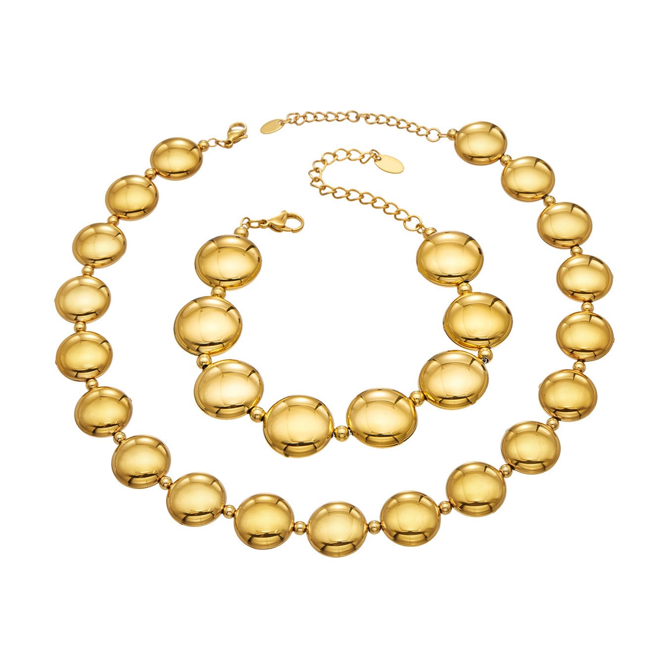 TXP001-TXE001 (9) Chunky stainless steel necklace and bracelet jewelry set featuring smooth high-polish round flat disc beads in gold and silver finishes.