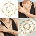 Gold, silver, and two-tone irregular oval link chain necklace and bracelet jewelry set model wear