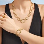 Gold, silver, and two-tone irregular oval link chain necklace and bracelet jewelry set model wear