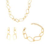 Stainless steel bold wavy geometric link chain necklace, chain bracelet, and drop earrings set image.