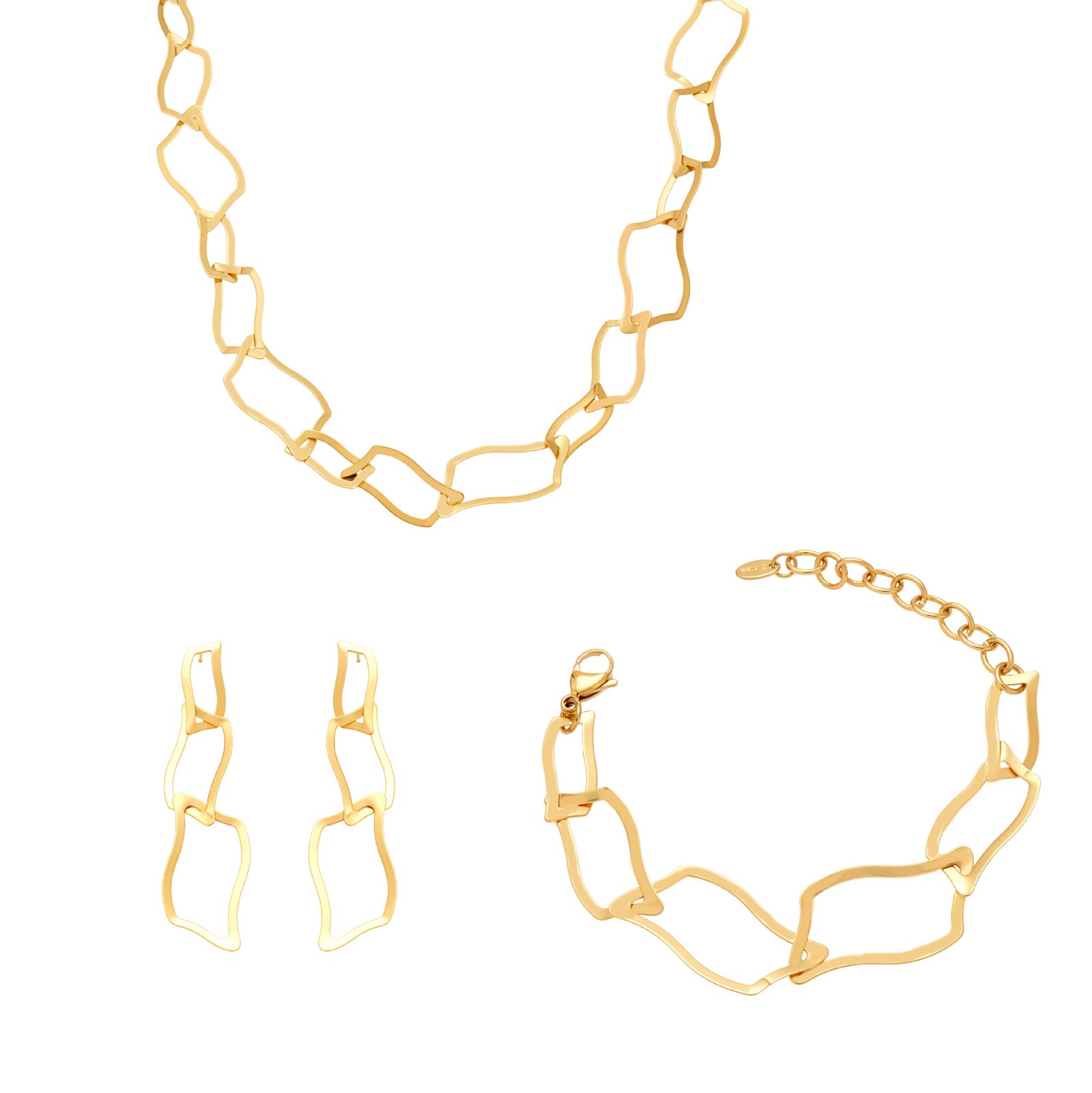 TXP355-TXE355-TXF355 (1) Stainless steel bold wavy geometric link chain necklace, chain bracelet, and drop earrings set image.