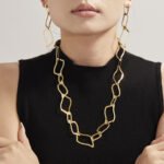 Stainless steel bold wavy geometric link chain necklace, chain bracelet, and drop earrings set image.