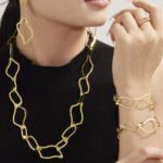 Stainless steel bold wavy geometric link chain necklace, chain bracelet, and drop earrings set image.