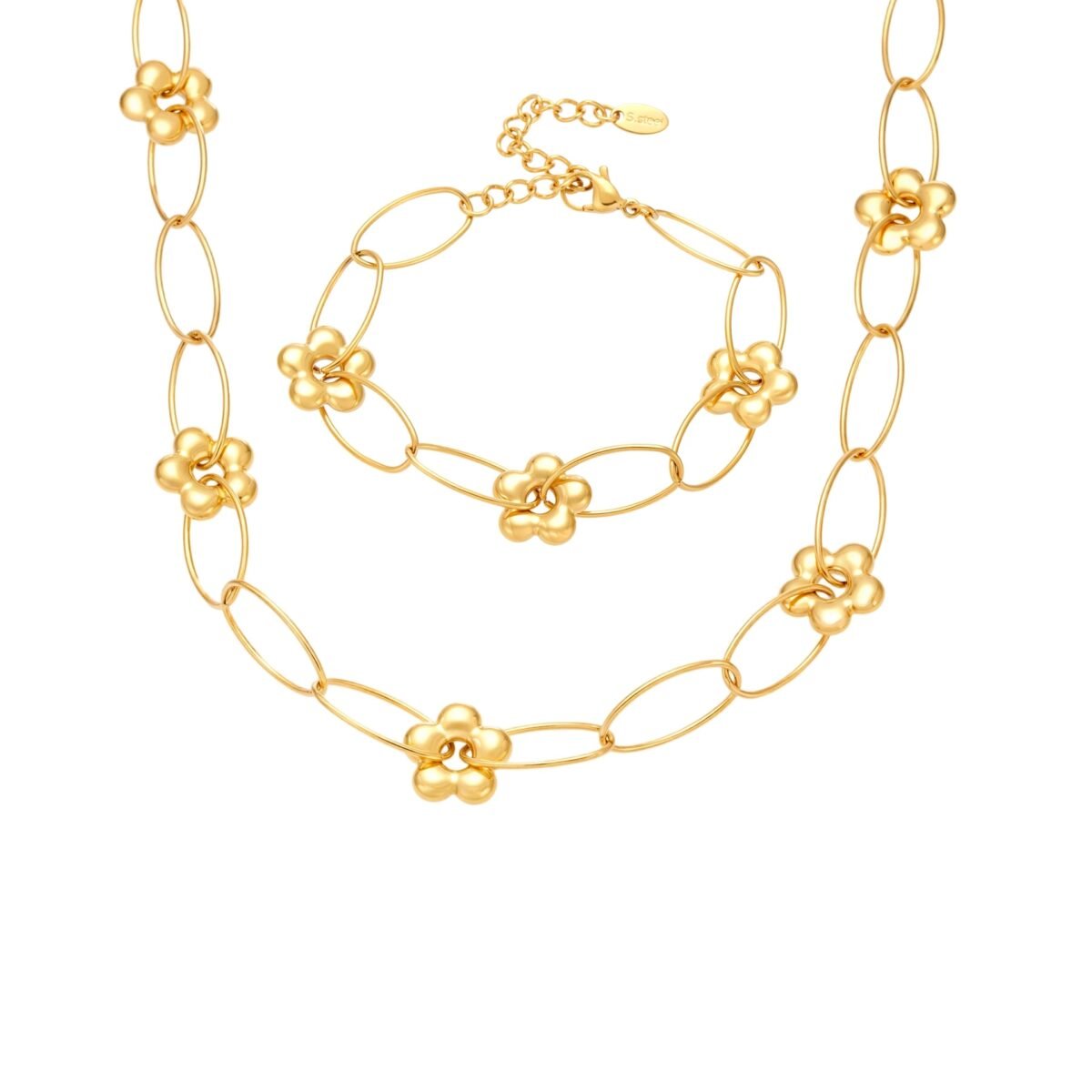 Stainless steel modern flower oval paperclip chain necklace and bracelet set image