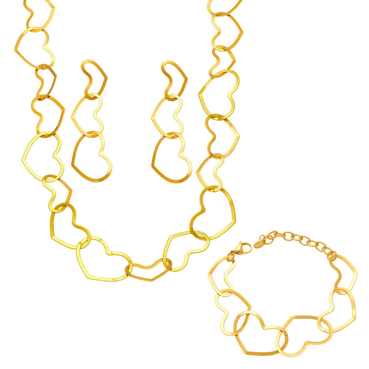 18K gold plated hollow openwork heart link chain necklace bracelet and drop earrings set model preview