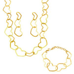 18K gold plated hollow openwork heart link chain necklace bracelet and drop earrings set model preview
