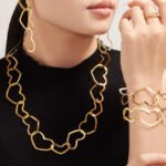 18K gold plated hollow openwork heart link chain necklace bracelet and drop earrings set model preview