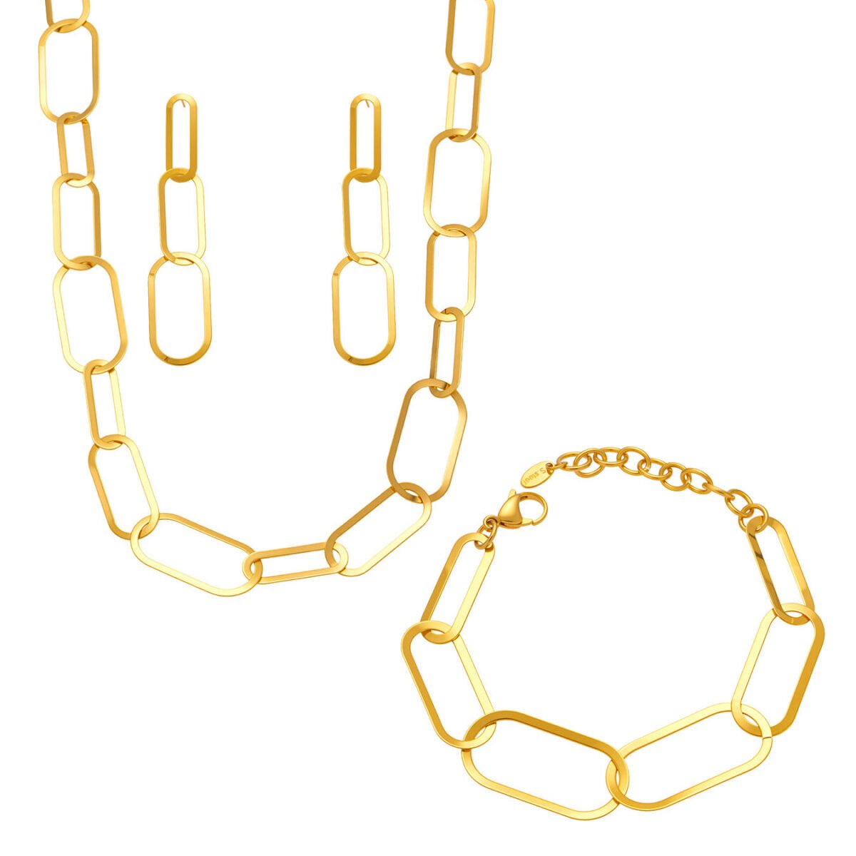 18K gold plated chunky oval paperclip link chain necklace bracelet and drop earrings set model preview