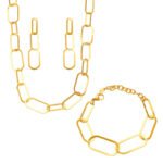 18K gold plated chunky oval paperclip link chain necklace bracelet and drop earrings set model preview