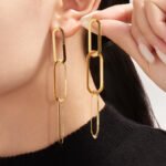 18K gold plated chunky oval paperclip link chain necklace bracelet and drop earrings set model preview