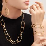 18K gold plated chunky oval paperclip link chain necklace bracelet and drop earrings set model preview