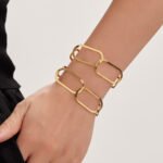 18K gold plated chunky oval paperclip link chain necklace bracelet and drop earrings set model preview
