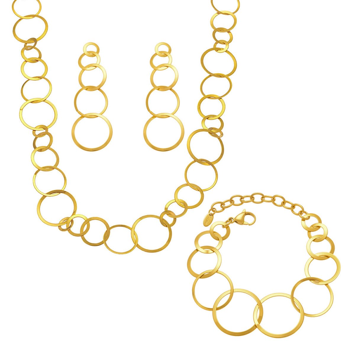 Gold plated stainless steel graduated circle link necklace bracelet and earrings set model view