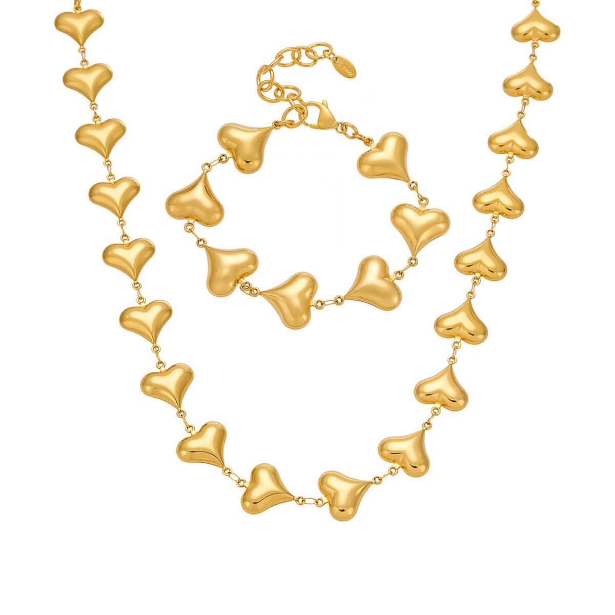 Stainless steel puffed heart link chain necklace and bracelet set model look