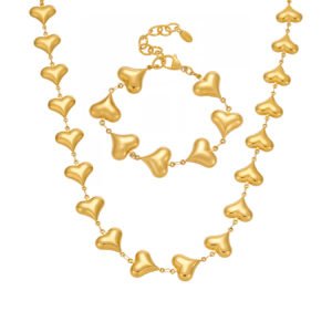 Stainless steel puffed heart link chain necklace and bracelet set model look