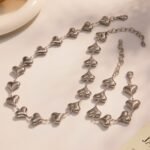 Stainless steel puffed heart link chain necklace and bracelet set model look