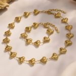 Stainless steel puffed heart link chain necklace and bracelet set model look