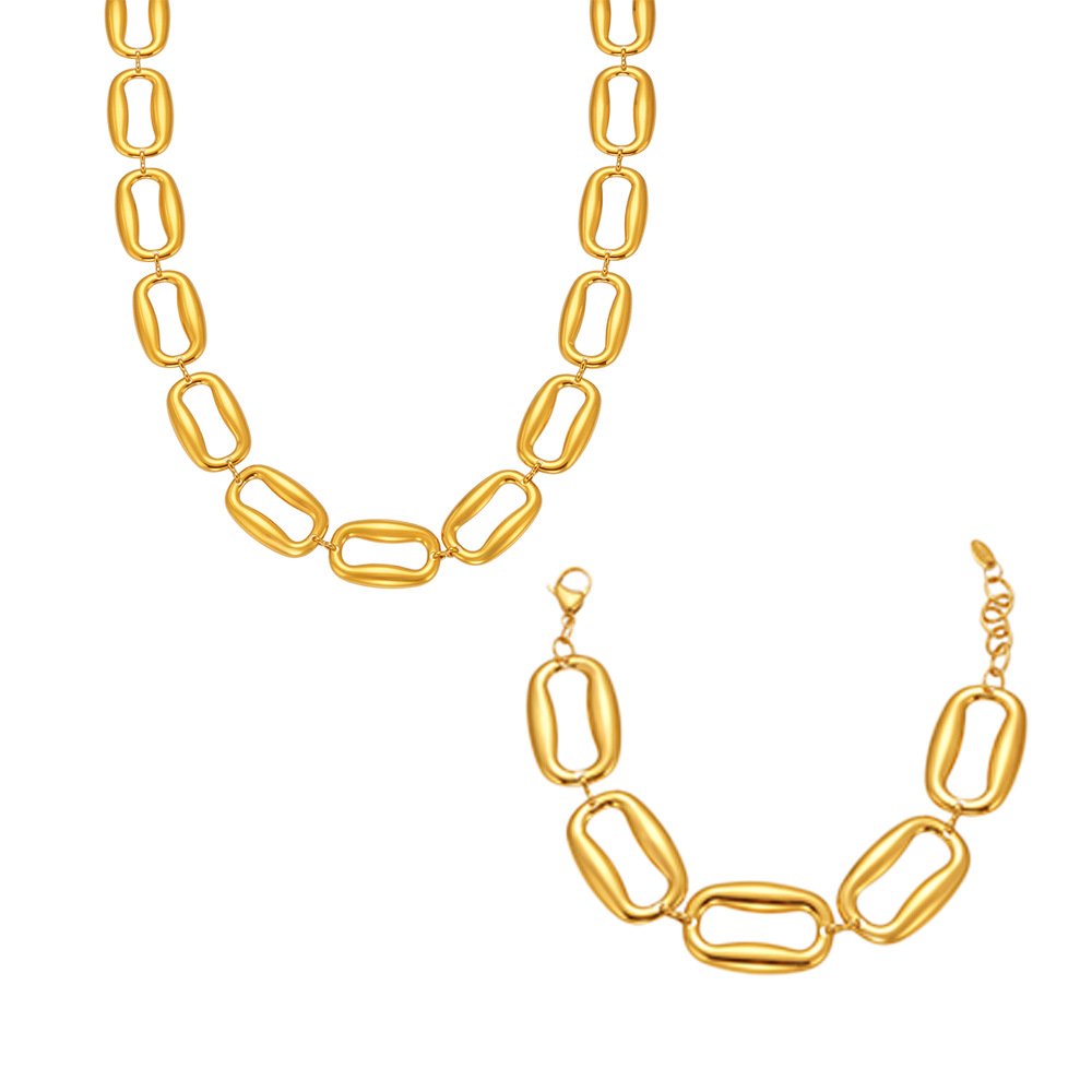 Stainless steel chunky oval link chain necklace and bracelet jewelry set model look