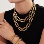 Stainless steel chunky oval link chain necklace and bracelet jewelry set model look