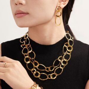 Stainless steel chunky oval interlocking chain necklace bracelet and drop earrings set model look