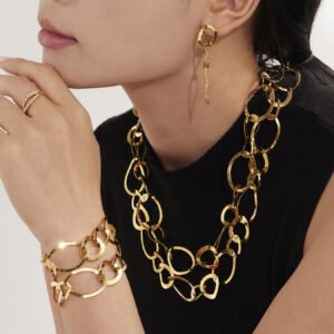 Stainless steel chunky oval interlocking chain necklace bracelet and drop earrings set model look