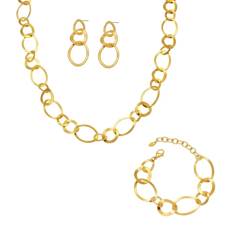 Stainless steel chunky oval interlocking chain necklace bracelet and drop earrings set model look
