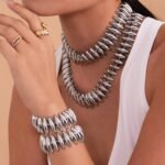 Stainless steel chunky spiked link necklace and matching spiked bracelet set in polished gold and silver finishes.