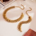 Stainless steel chunky spiked link necklace and matching spiked bracelet set in polished gold and silver finishes.